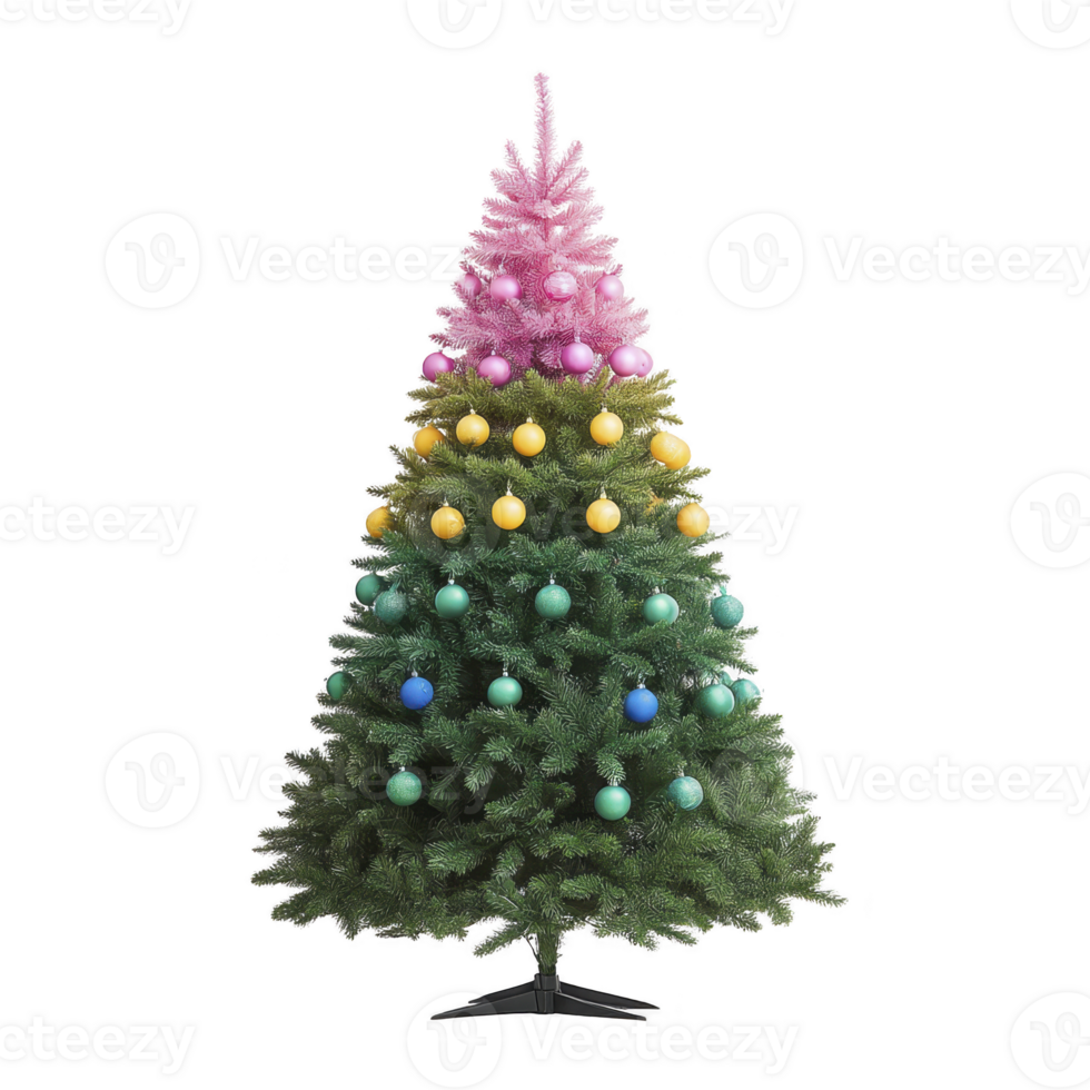 Vibrant Christmas tree adorned with colorful ornaments, featuring gradient from pink at top to green at bottom, creating festive and cheerful atmosphere png
