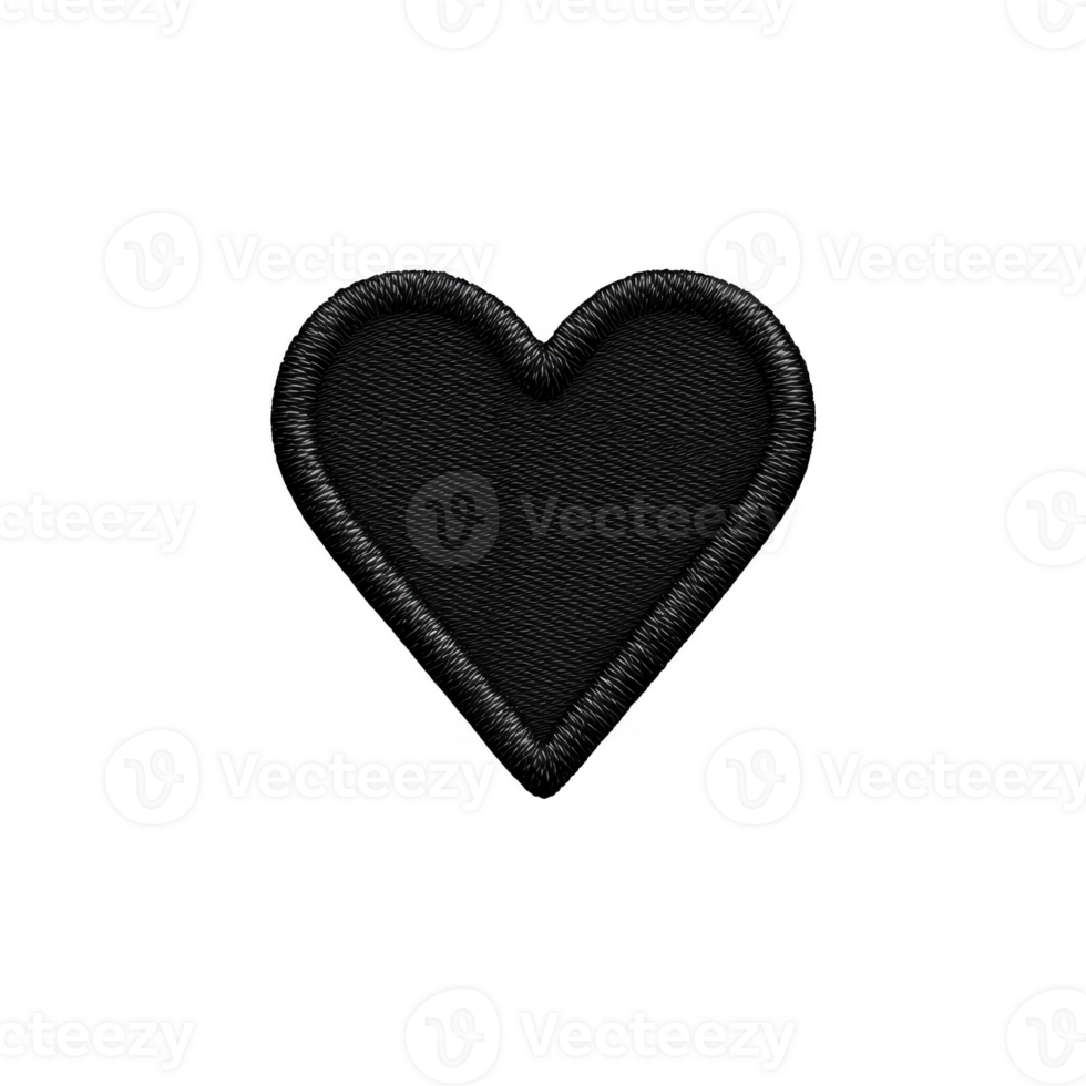 Black heart patch with textured surface and embroidered edges, symbolizing love or fashion. simple design makes it versatile for various creative projects png