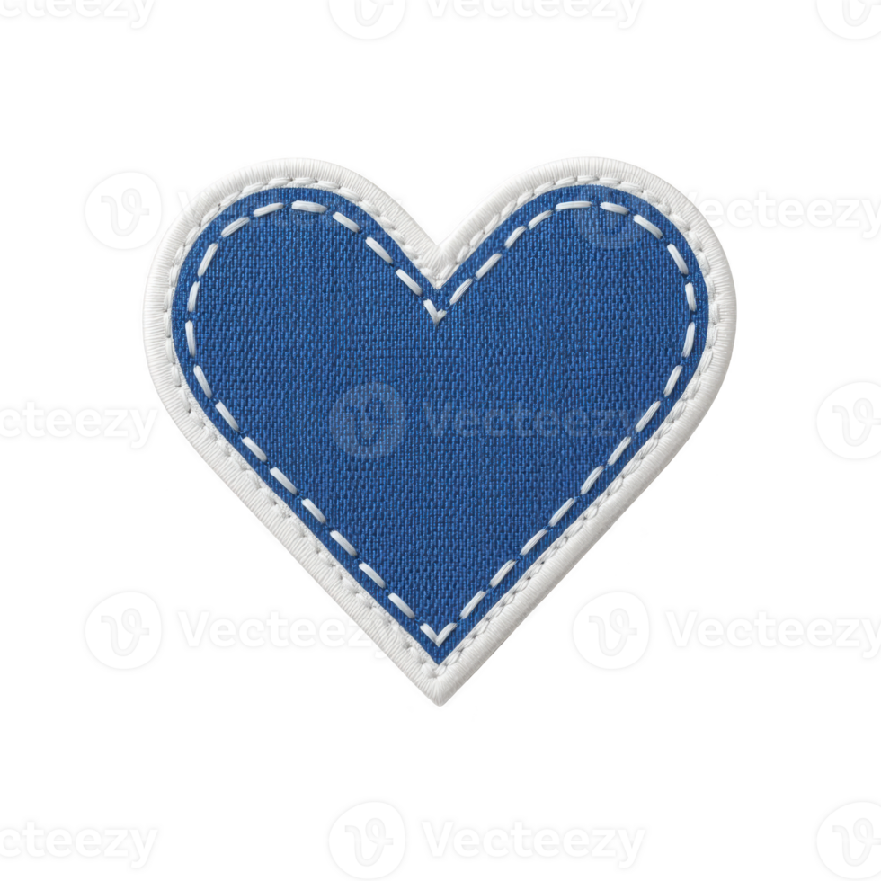 Blue fabric heart patch with white stitching and white border, perfect for adding touch of charm to clothing or accessories. design is simple yet stylish, ideal for DIY projects png
