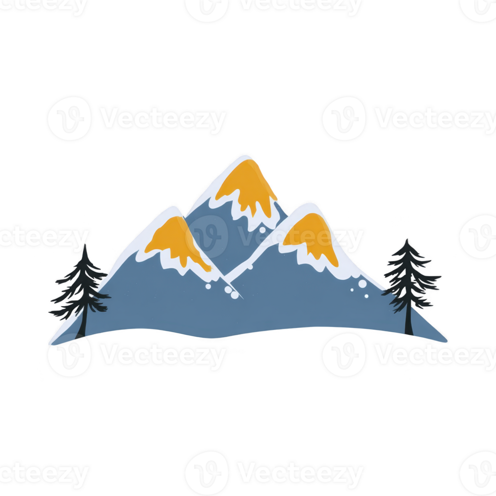 Stylized illustration of snow capped mountains with two pine trees on either side, evoking sense of adventure and tranquility png