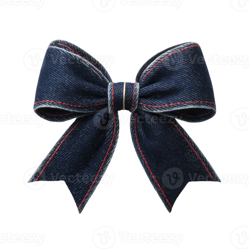 Dark blue fabric bow with red and white stitching, creating classic and elegant look. bow is neatly tied, showcasing its smooth texture and symmetrical design, perfect for gift wrapping png