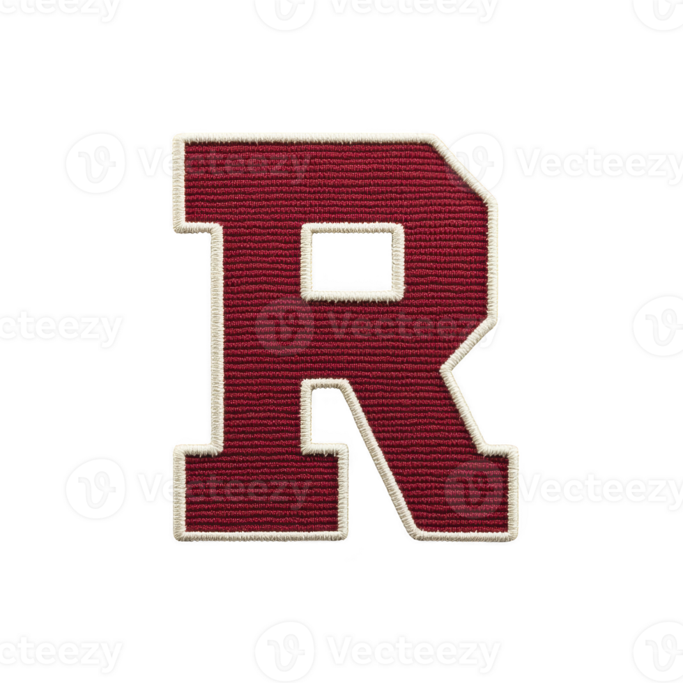 Bold, red letter R with textured fabric appearance and white outline, resembling varsity or letterman patch. design is simple yet striking, often used in sports or academic settings png