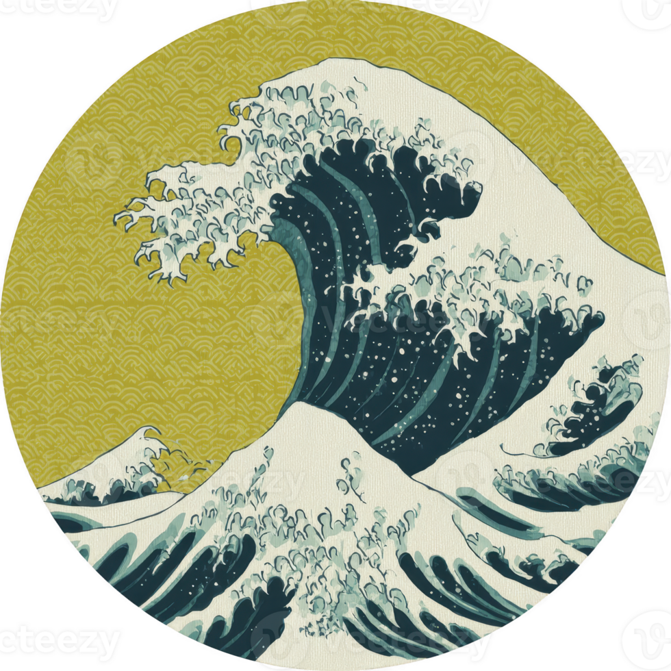 Stylized depiction of large wave with foamy crests against patterned yellow background, inspired by traditional Japanese art. wave dynamic motion conveys sense of power and movement png
