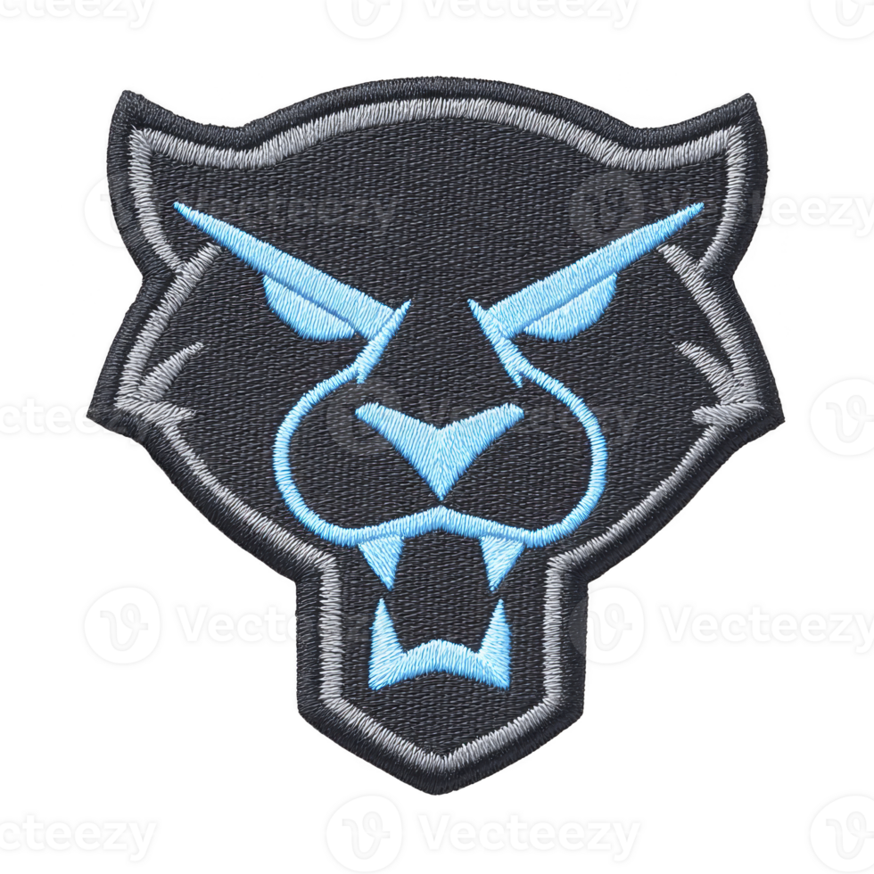 This features embroidered patch of stylized panther head with sharp features and fierce expression. design uses shades of blue and gray to create bold and striking appearance png