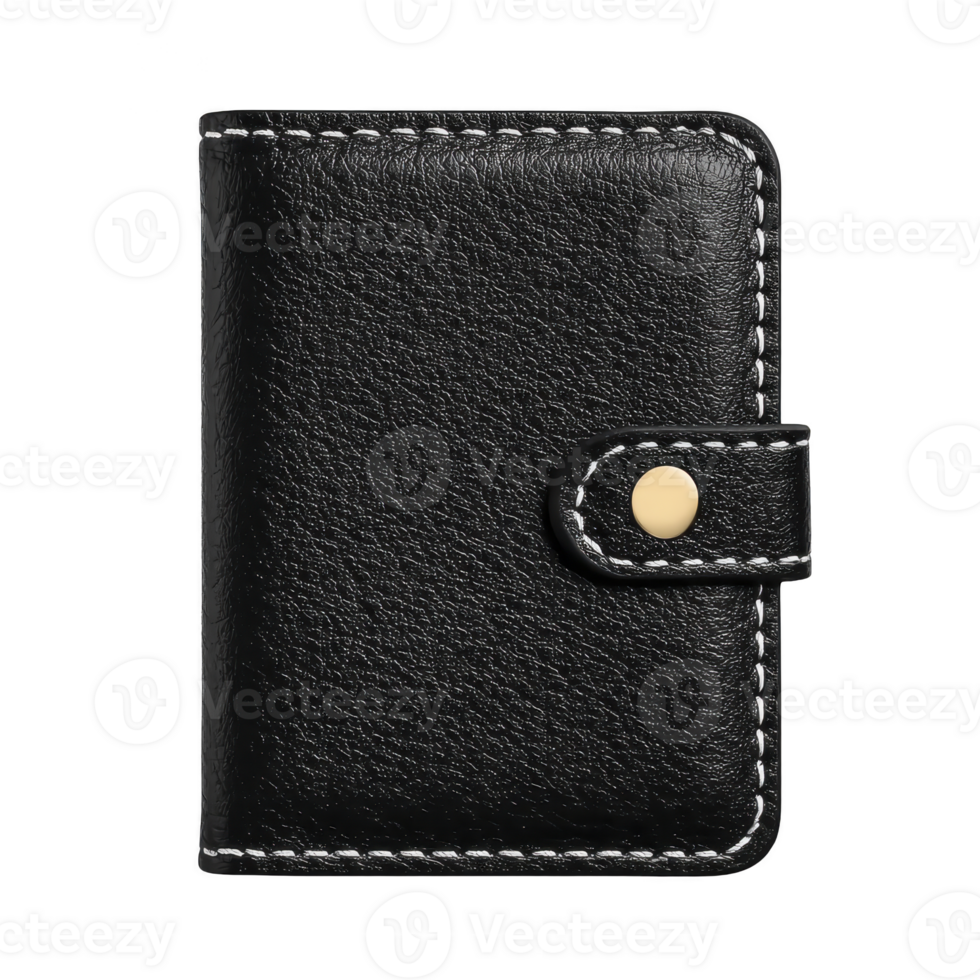 Sleek black leather wallet with white stitching and button closure, perfect for organizing cards and cash. compact design makes it ideal for everyday use png