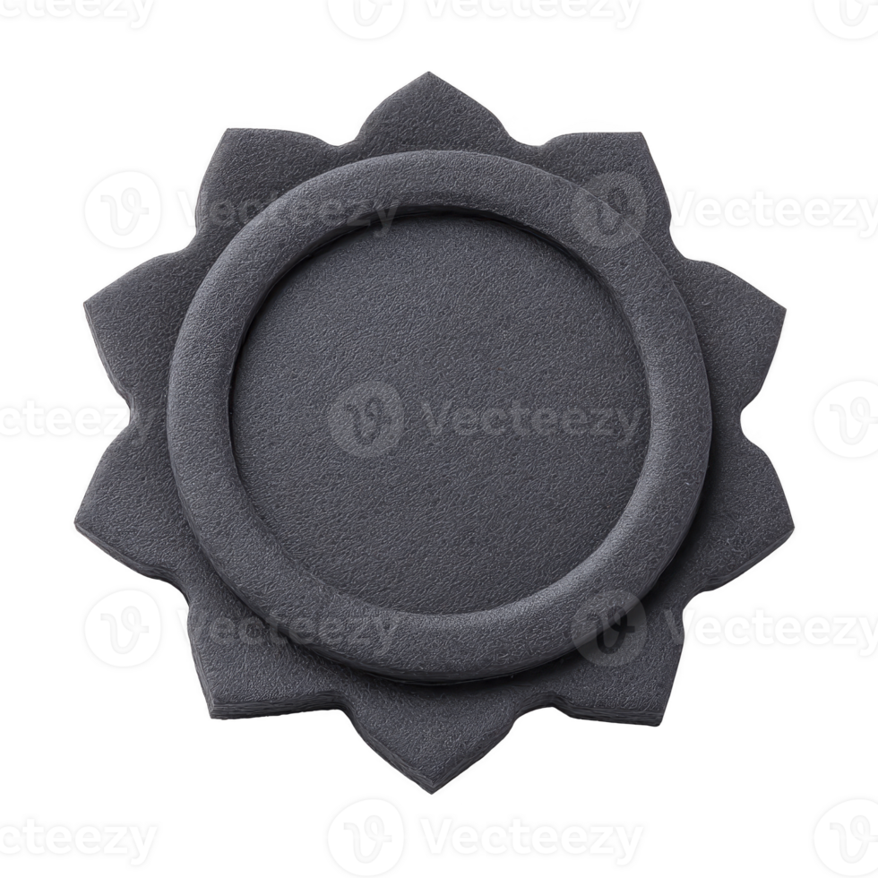 Black, textured, circular object with petal like border, resembling flower or sun shape, is shown. design is simple and elegant, with soft, matte finish png