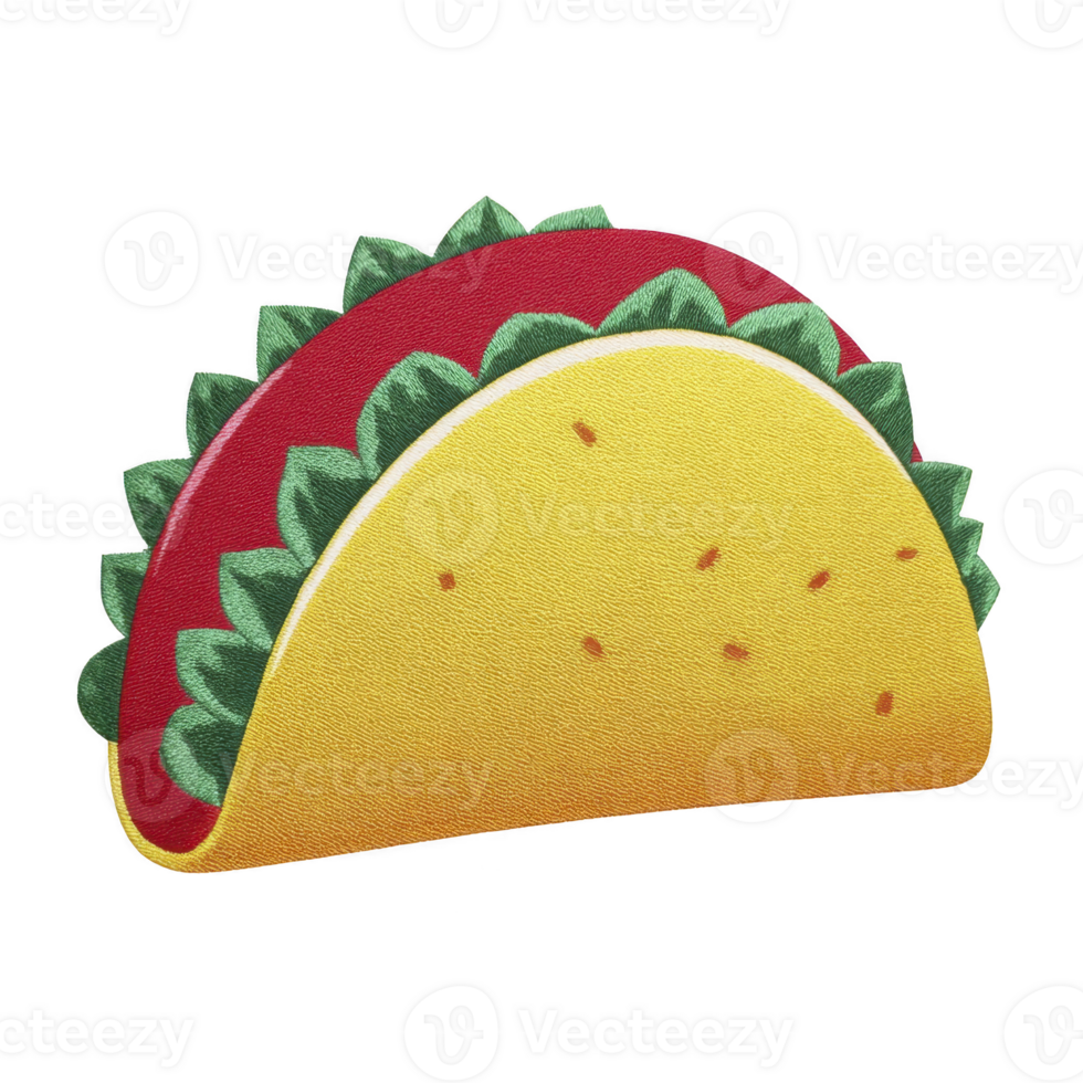 Colorful illustration of taco with yellow shell, green lettuce, and red filling, evoking sense of deliciousness and fun png