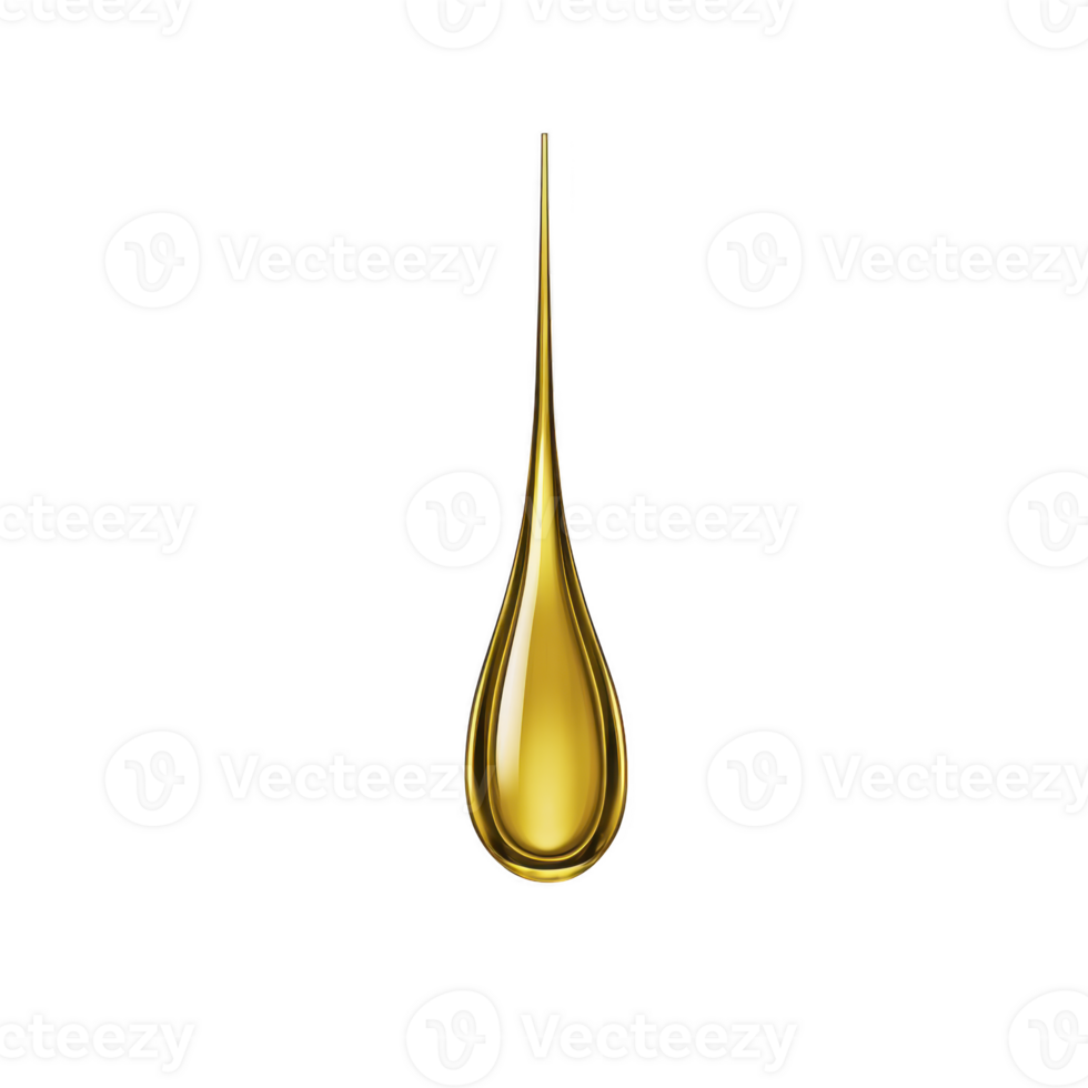 Single golden oil droplet is suspended against transparency background, showcasing its smooth and glossy texture. droplet elongated shape and rich color evoke sense of purity and luxury png