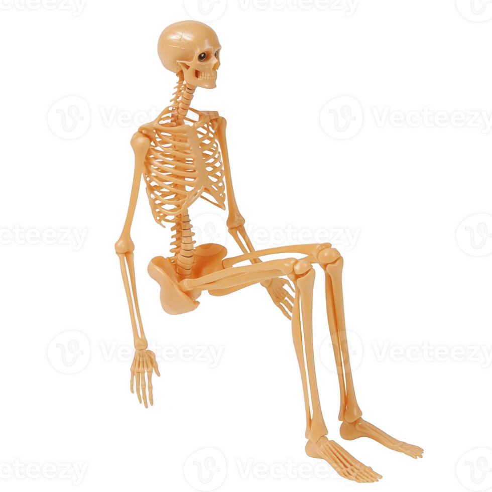 Plastic human skeleton model is seated with neutral expression, showcasing detailed bones and joints. model is used for educational purposes in anatomy studies png