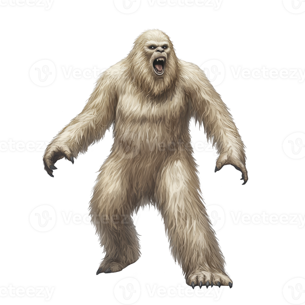 Fierce yeti stands with open mouth, displaying sharp teeth and powerful stance. creature thick white fur covers its muscular body, evoking sense of mystery and legend png