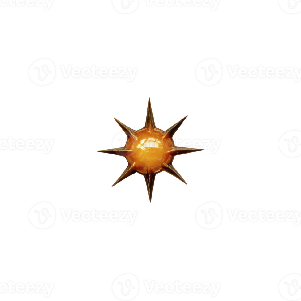 Bright, glowing orange sun with sharp rays radiates against transparency background, creating striking and vibrant contrast. design is simple yet eye catching, evoking warmth and energy png