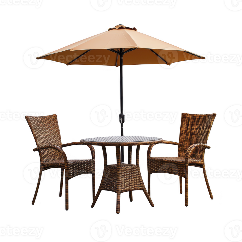 Stylish outdoor patio set featuring round wicker table, two matching wicker chairs, and large beige umbrella, perfect for cozy garden or balcony setting png
