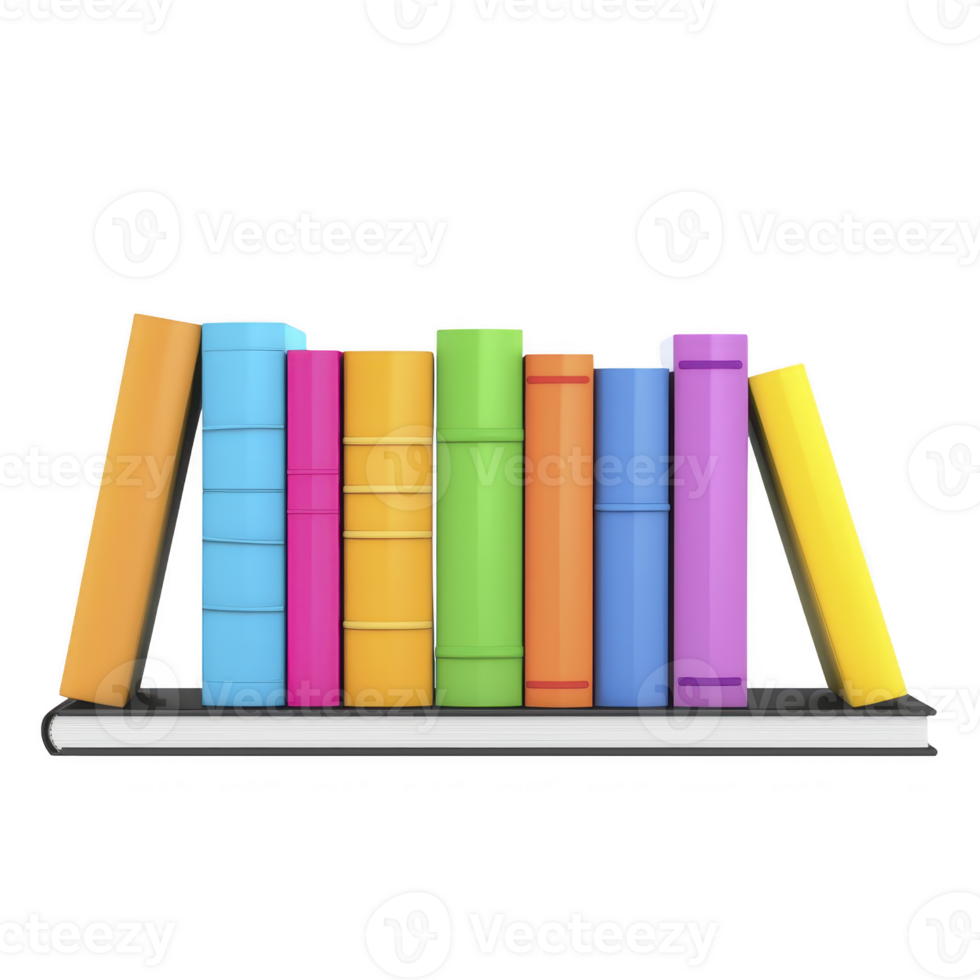 Colorful books arranged on shelf, showcasing variety of vibrant covers in neat, organized manner. image conveys sense of order and creativity, perfect for educational or decorative themes png
