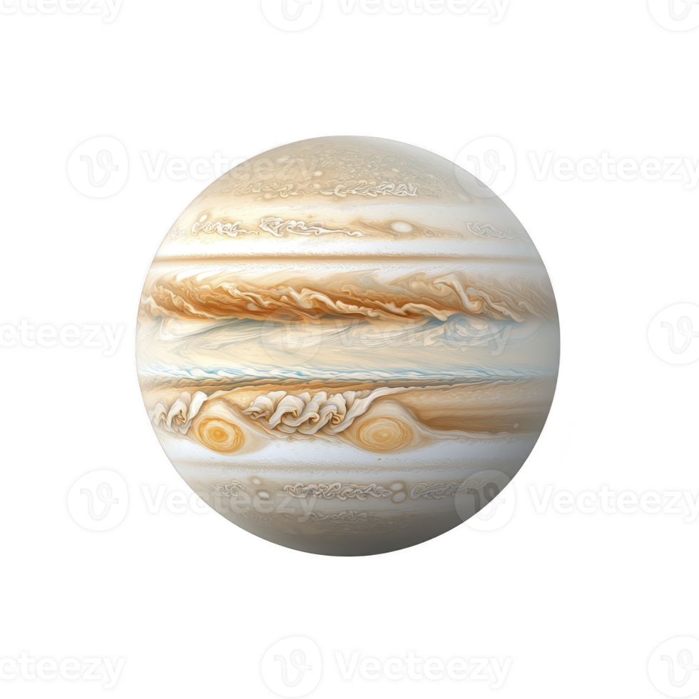 Jupiter, largest planet in our solar system, is depicted with its iconic swirling clouds and Great Red Spot, showcasing its dynamic atmosphere and vibrant colors png