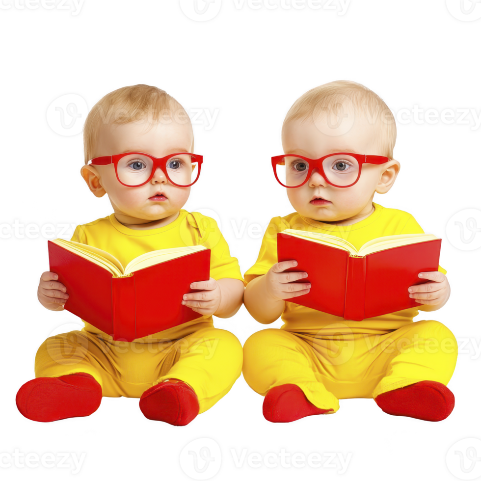 Two adorable babies wearing matching yellow outfits and red glasses are sitting side by side, each holding red book. Their curious expressions add playful charm to scene png