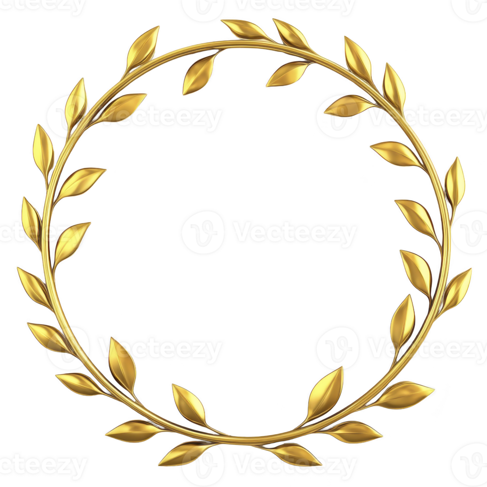 Golden laurel wreath with detailed leaves forms perfect circle, symbolizing victory and achievement. shiny metallic finish adds elegance and prestige to design png