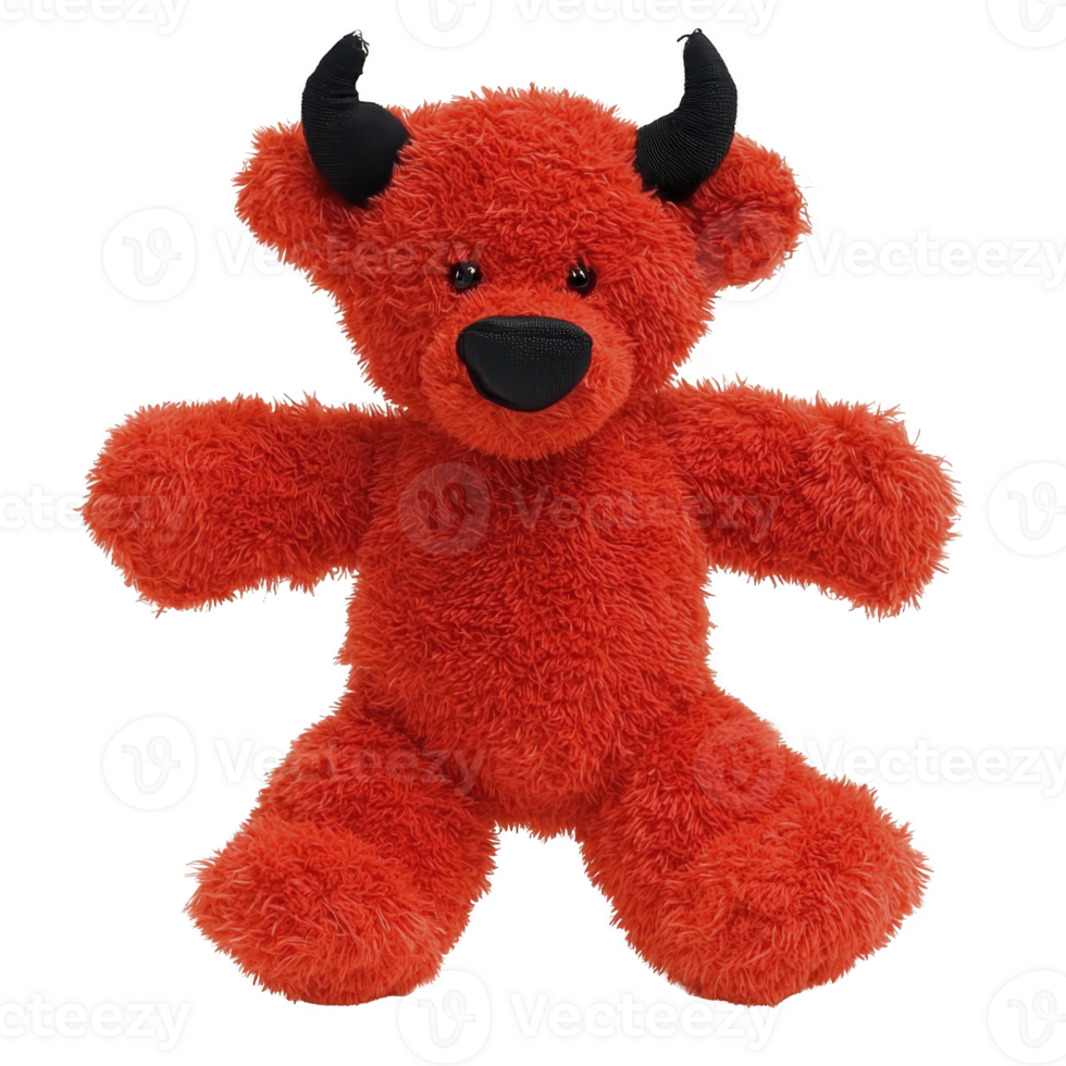 Cute red plush toy bear with black horns and black nose, resembling playful devil, stands with its arms open. fluffy texture and vibrant color make it adorable and unique stuffed animal png