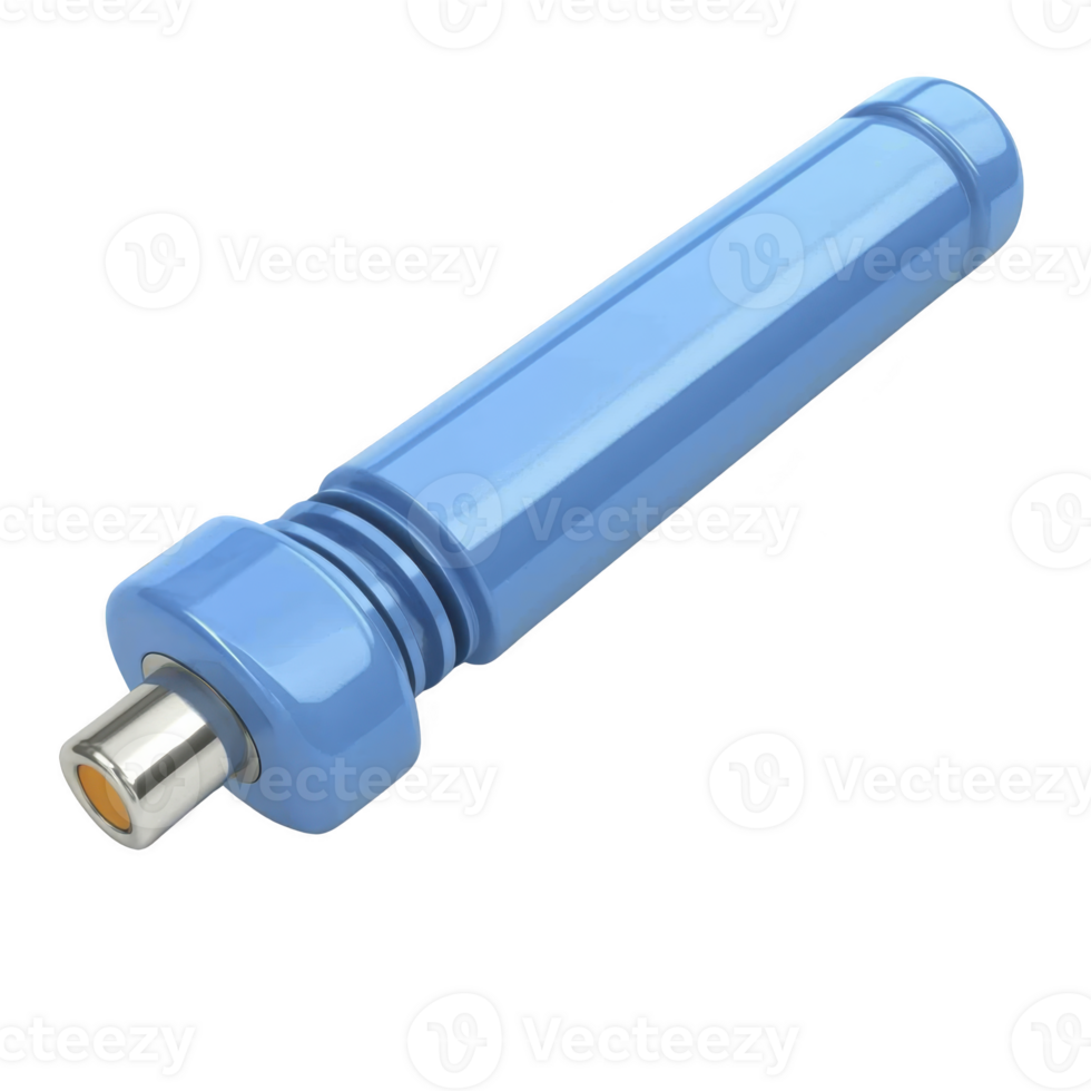 Blue coaxial cable connector with cylindrical shape and metallic tip, used for connecting audio or equipment. connector is isolated on transparency background png