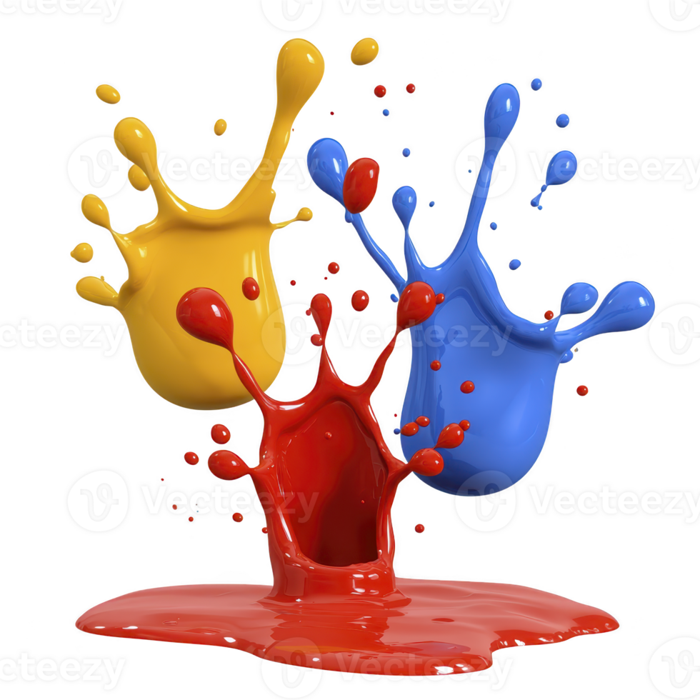 Colorful splashes of yellow, blue, and red paint create dynamic and vibrant scene, capturing energy of motion and creativity. vivid colors blend in playful and artistic expression png