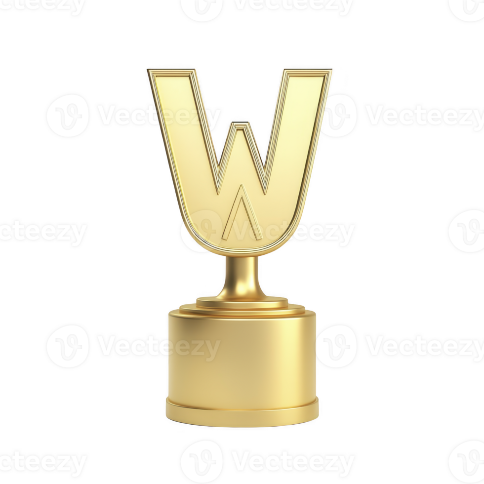 Golden trophy shaped like letter W stands on round base, symbolizing achievement and success. shiny metallic finish adds sense of prestige and celebration png