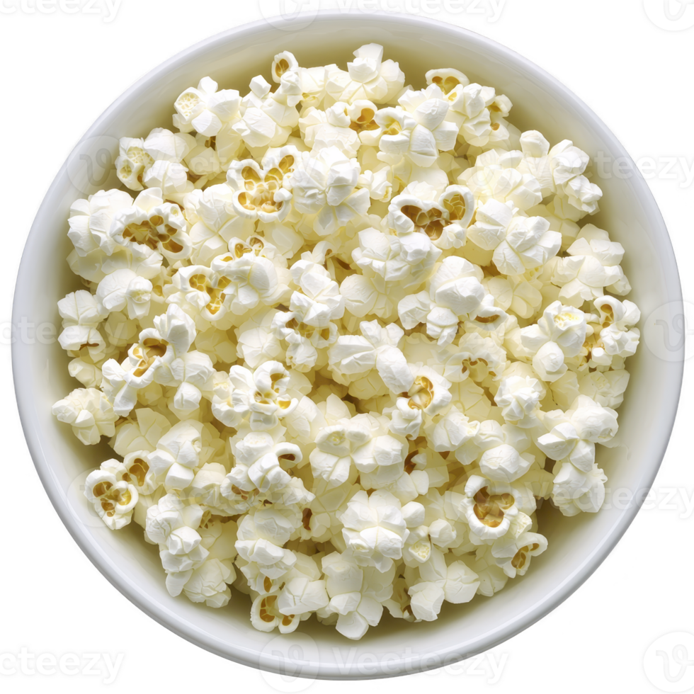 Bowl of freshly popped popcorn, showcasing fluffy white kernels, perfect for movie night snack. popcorn is arranged in white bowl, highlighting its texture and inviting appearance png