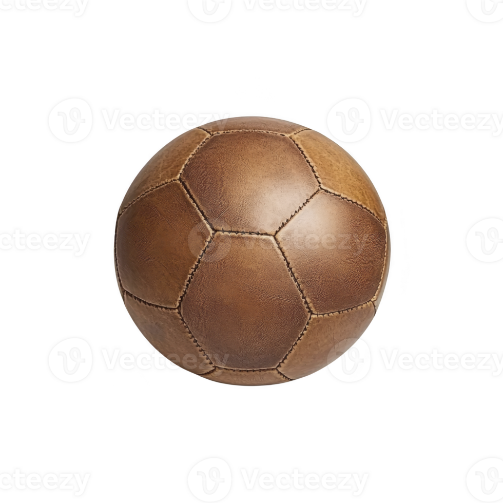 Vintage leather soccer ball with classic hexagonal pattern, showcasing rich brown color and aged texture, evokes nostalgia and traditional craftsmanship png