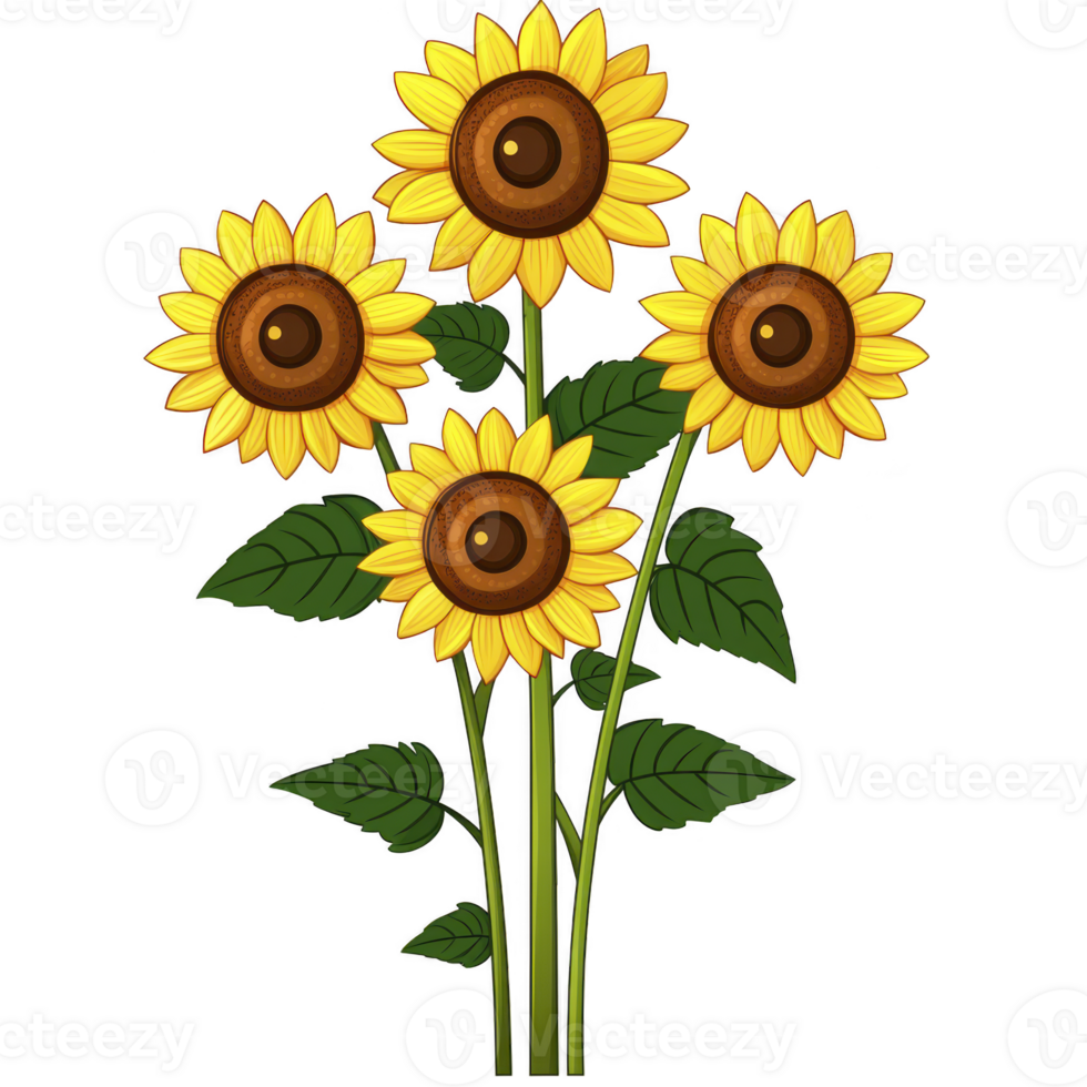 Four vibrant sunflowers with bright yellow petals and brown centers stand tall with green leaves, creating cheerful and lively scene png
