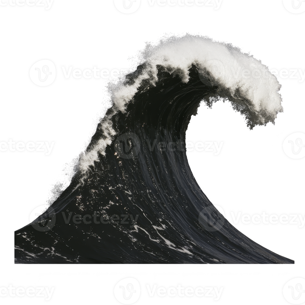 Powerful ocean wave with foamy crest captured in motion, showcasing dynamic energy of sea. wave dark blue color contrasts with white foam, creating dramatic scene png