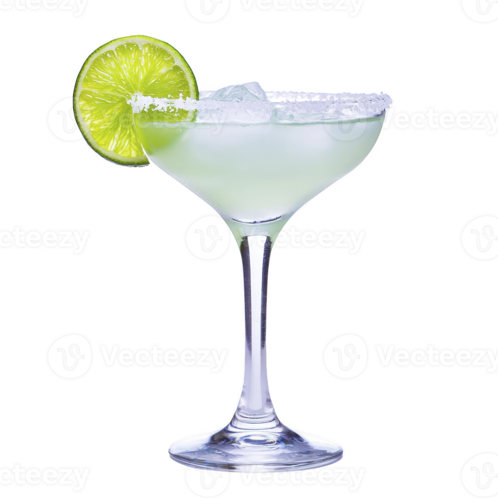 Refreshing margarita cocktail with salted rim and lime slice garnish, served in classic glass. drink vibrant green color and icy texture evoke sense of tropical relaxation png