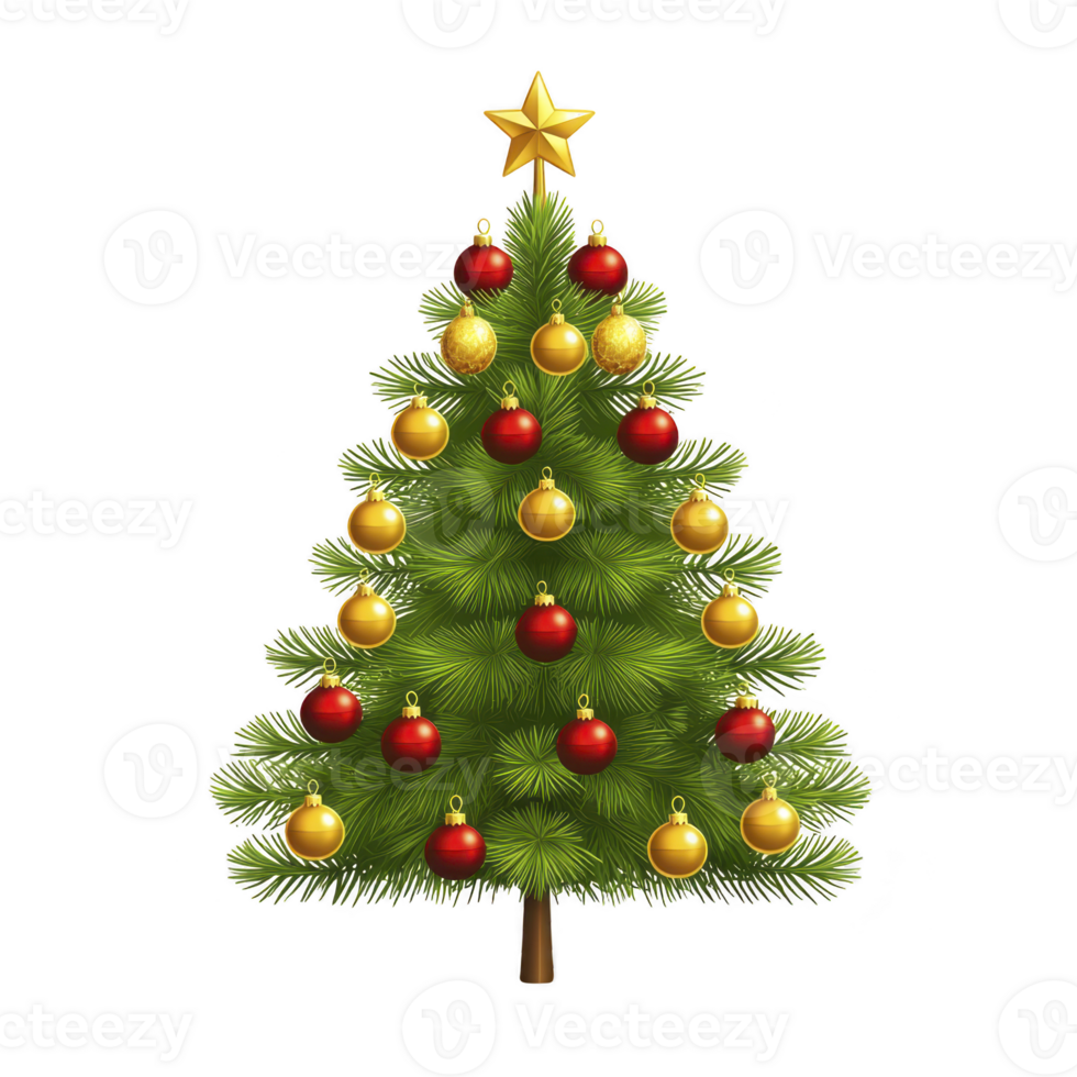 Beautifully decorated Christmas tree with red and gold ornaments and star on top, symbolizing festive holiday cheer. evergreen branches are lush and vibrant png