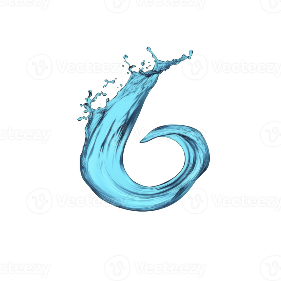 Splash of water forms shape of number six, with dynamic droplets and fluid motion against transparency background. image captures essence of movement and fluidity png