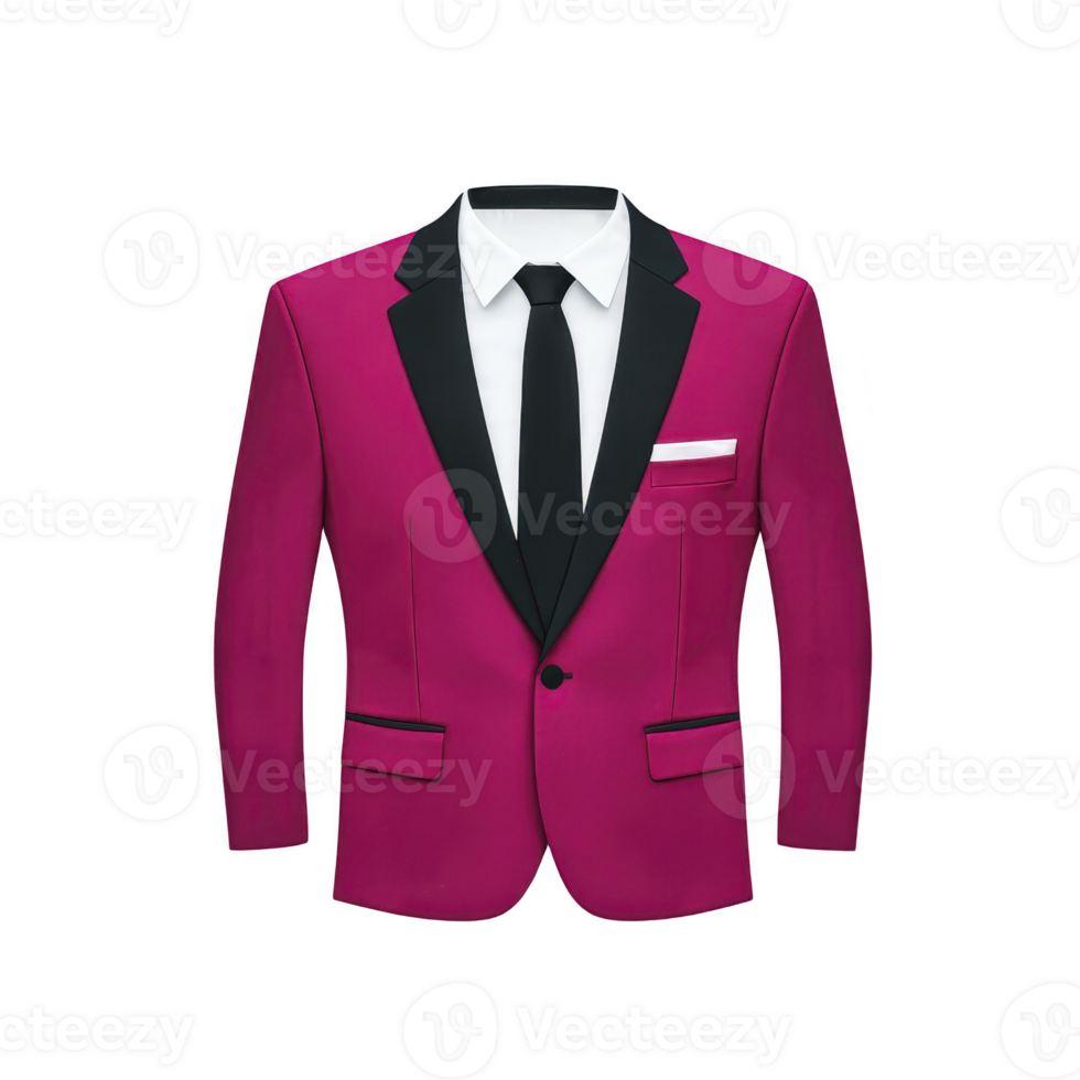 Stylish magenta suit jacket with black lapels and white shirt paired with black tie, exuding elegance and sophistication. Perfect for formal occasions png