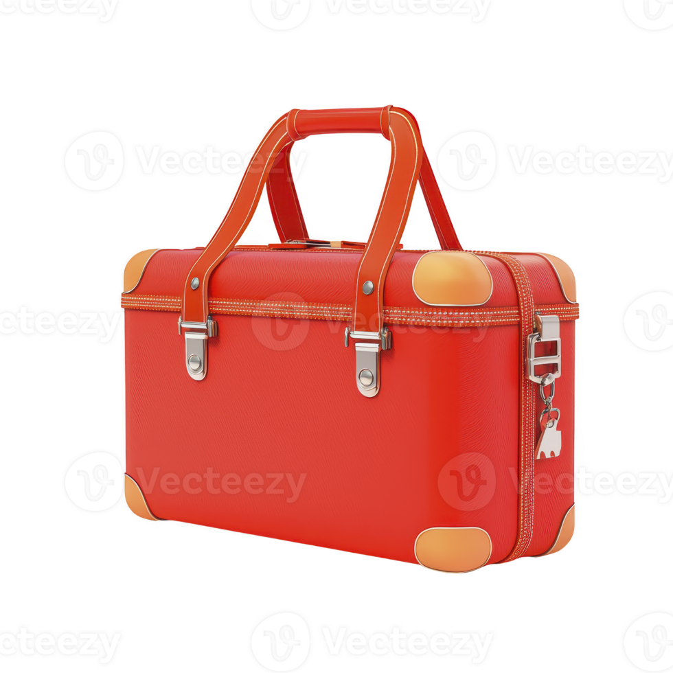 Stylish red leather suitcase with orange accents and metal hardware, featuring secure lock and sturdy handles, perfect for travel png