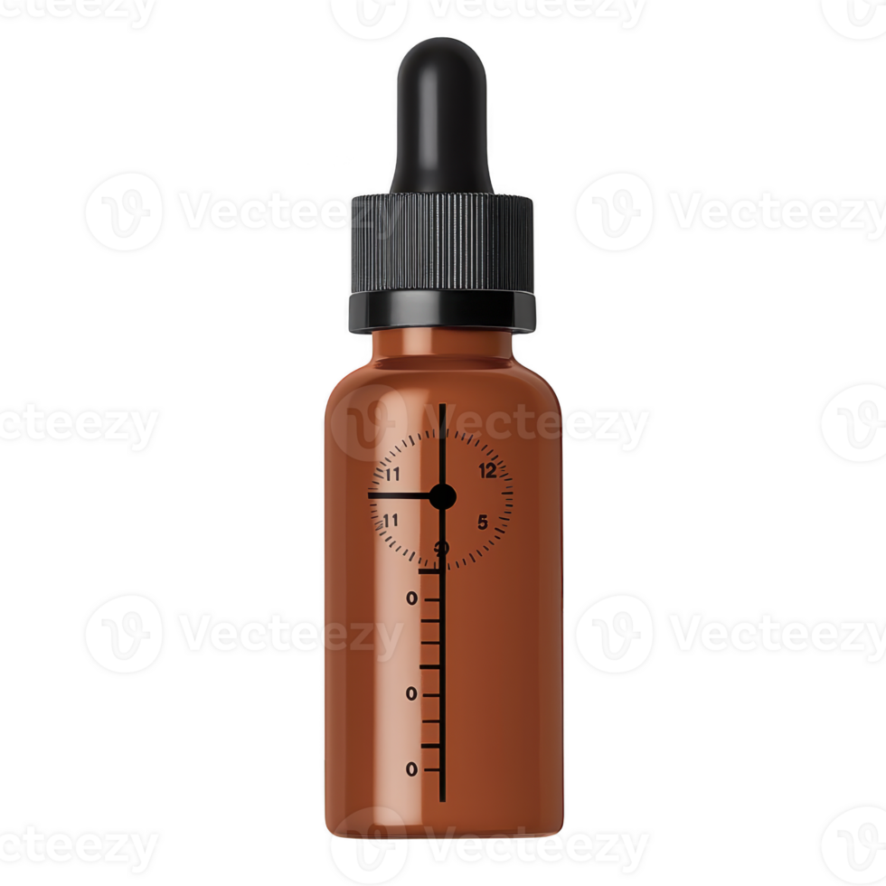 Brown dropper bottle with black cap and measurement markings is shown, ideal for storing essential oils or serums. design is sleek and functional png