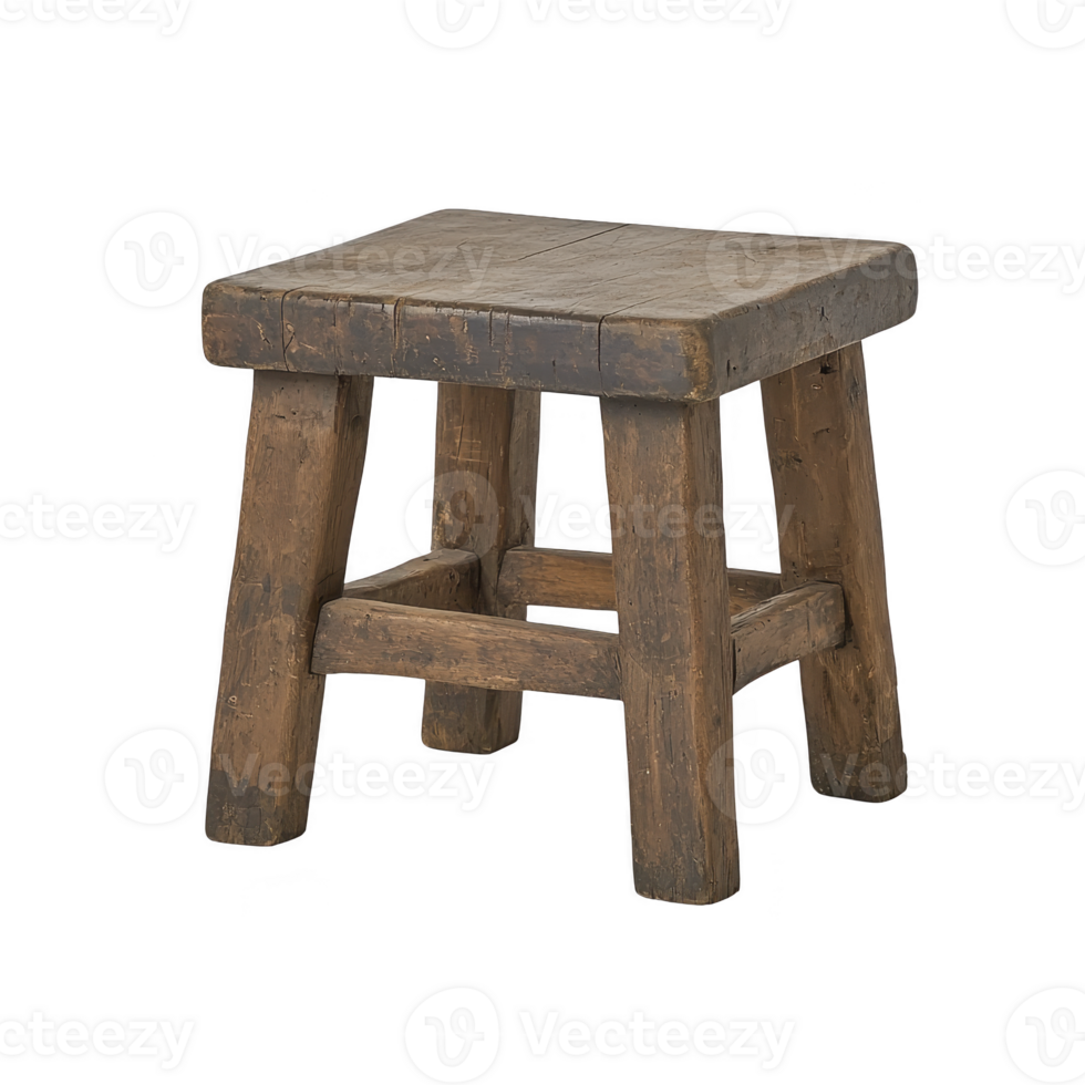 Rustic wooden stool with square seat and sturdy legs, showcasing vintage design. stool natural wood texture and simple construction evoke sense of warmth and nostalgia png