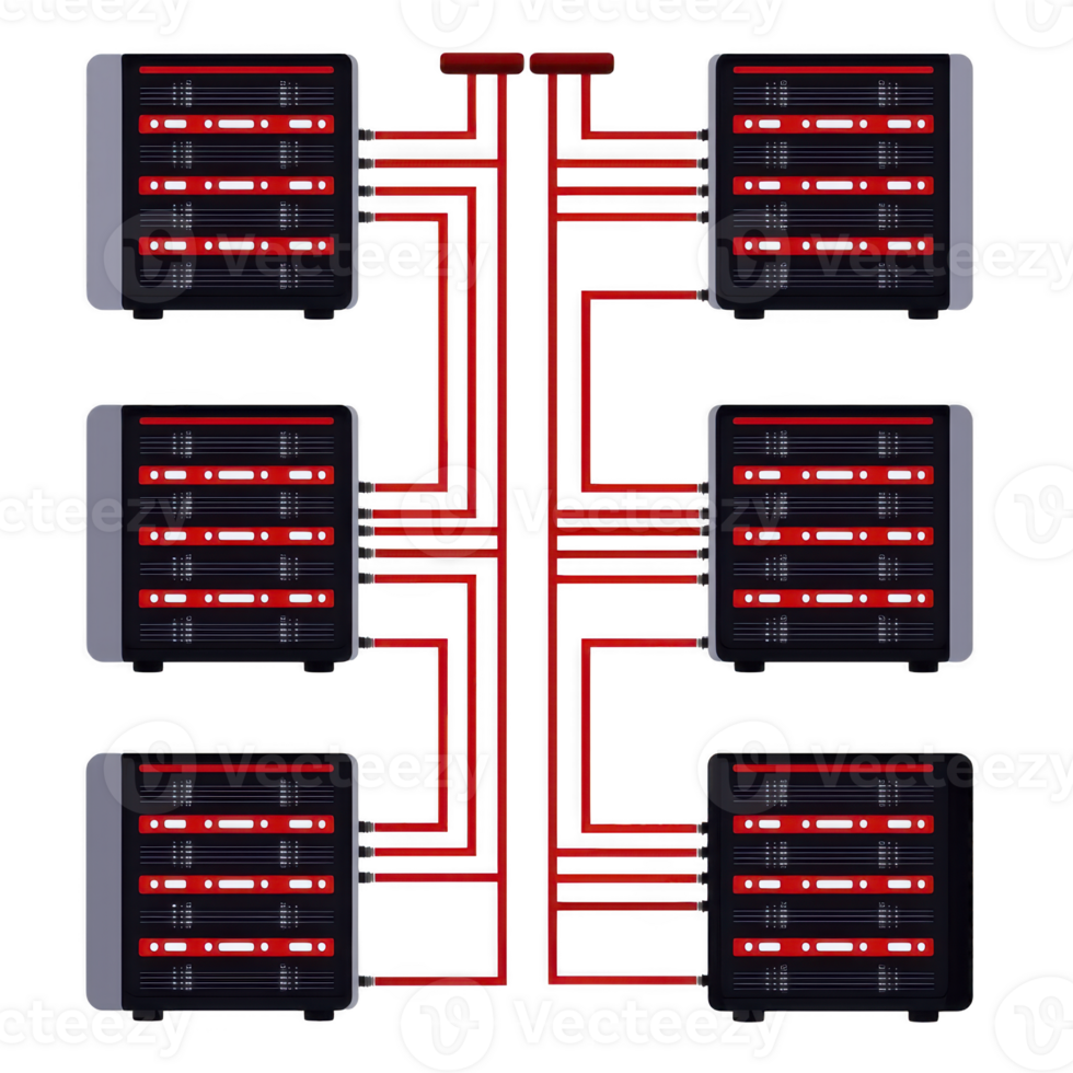 Network diagram showing interconnected server racks with red cables, illustrating data center setup. image highlights complexity and organization of server connections png