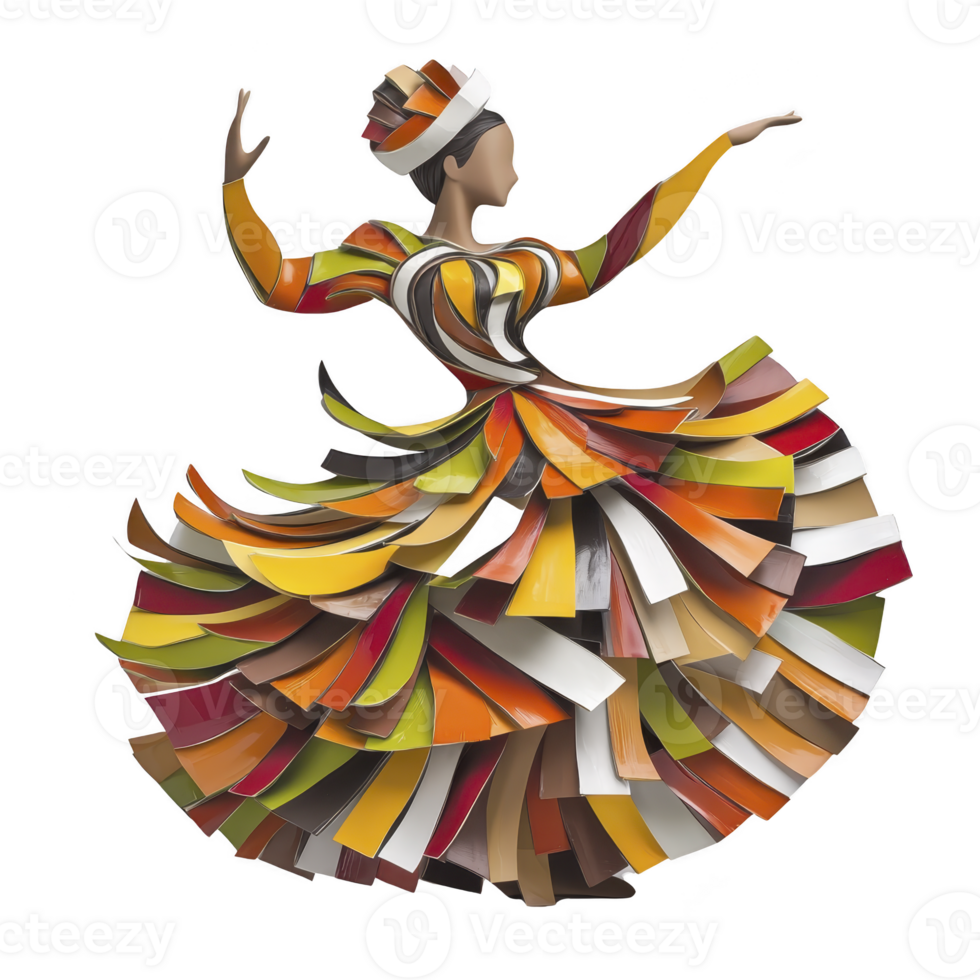 Vibrant, abstract sculpture of dancer in colorful, flowing dress made of layered, curved shapes. dynamic pose and bright colors convey movement and joy png