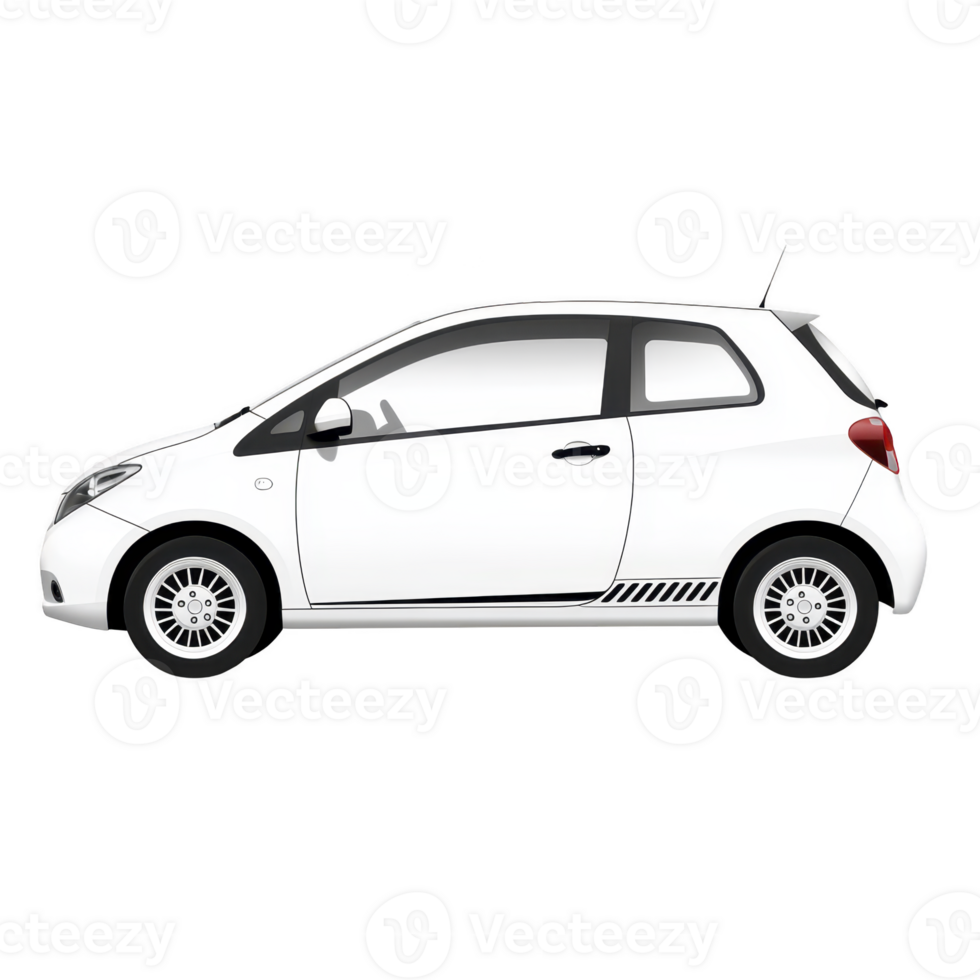 White compact car is shown in side view, highlighting its small size and modern design. vehicle features sleek body, two doors, and stylish wheels, ideal for urban driving png
