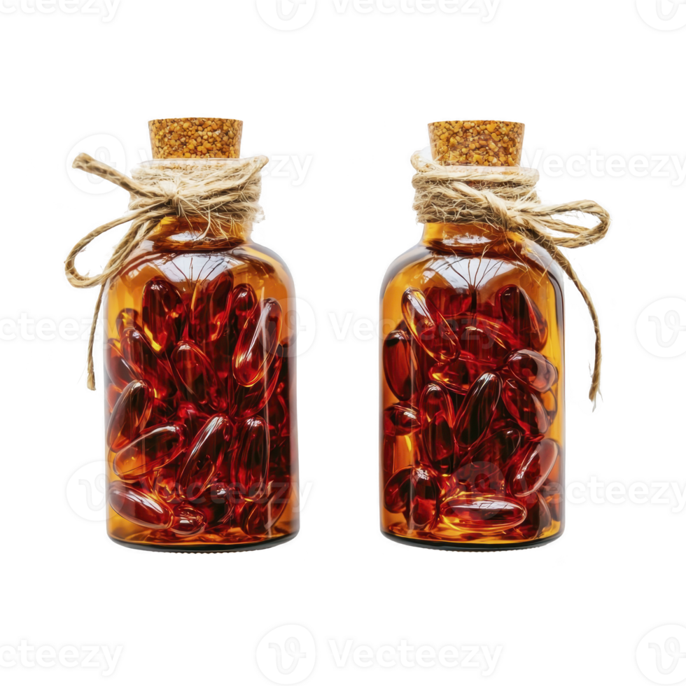 Two glass bottles filled with red capsules are sealed with corks and tied with twine, creating rustic and natural appearance. transparent amber glass enhances vibrant color of capsules inside png
