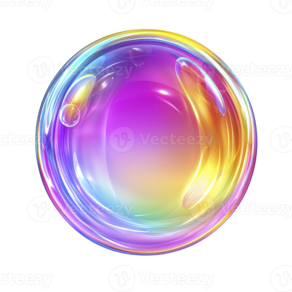 Vibrant, iridescent soap bubble with rainbow spectrum of colors, including purple, yellow, and blue, floating against transparency background. bubble surface reflects light beautifully png