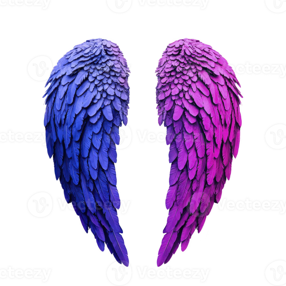 Colorful angel wings with vibrant blue and pink feathers create striking and artistic display. symmetrical design evokes sense of fantasy and creativity png