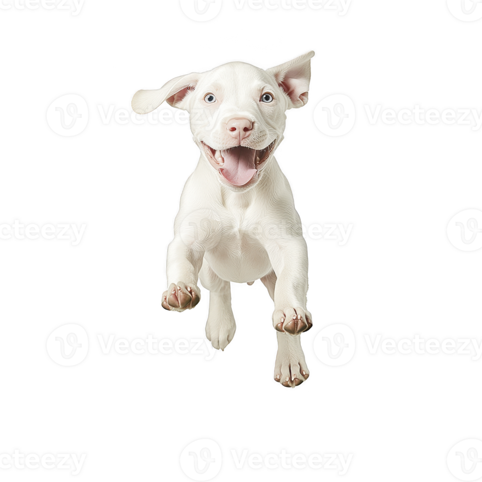 Joyful white puppy with blue eyes leaps playfully against transparency background, showcasing its excitement and energy. dog ears are perked up, adding to its lively expression png