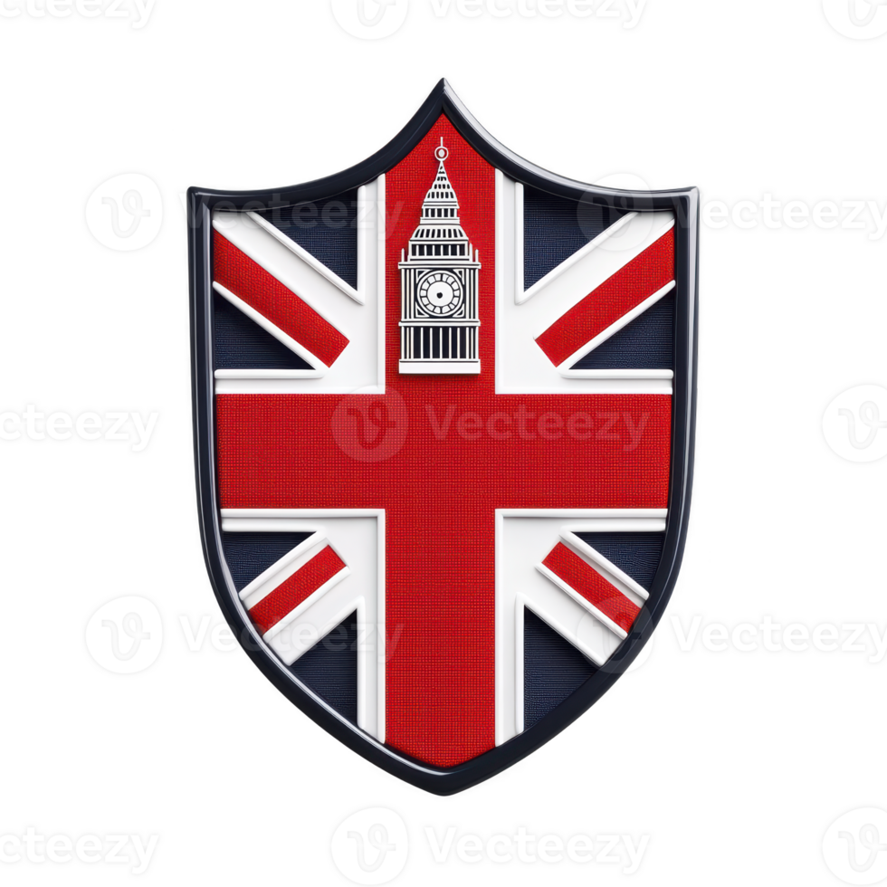 Shield design featuring Union Jack flag with illustration of Big Ben at top, symbolizing British heritage and pride png
