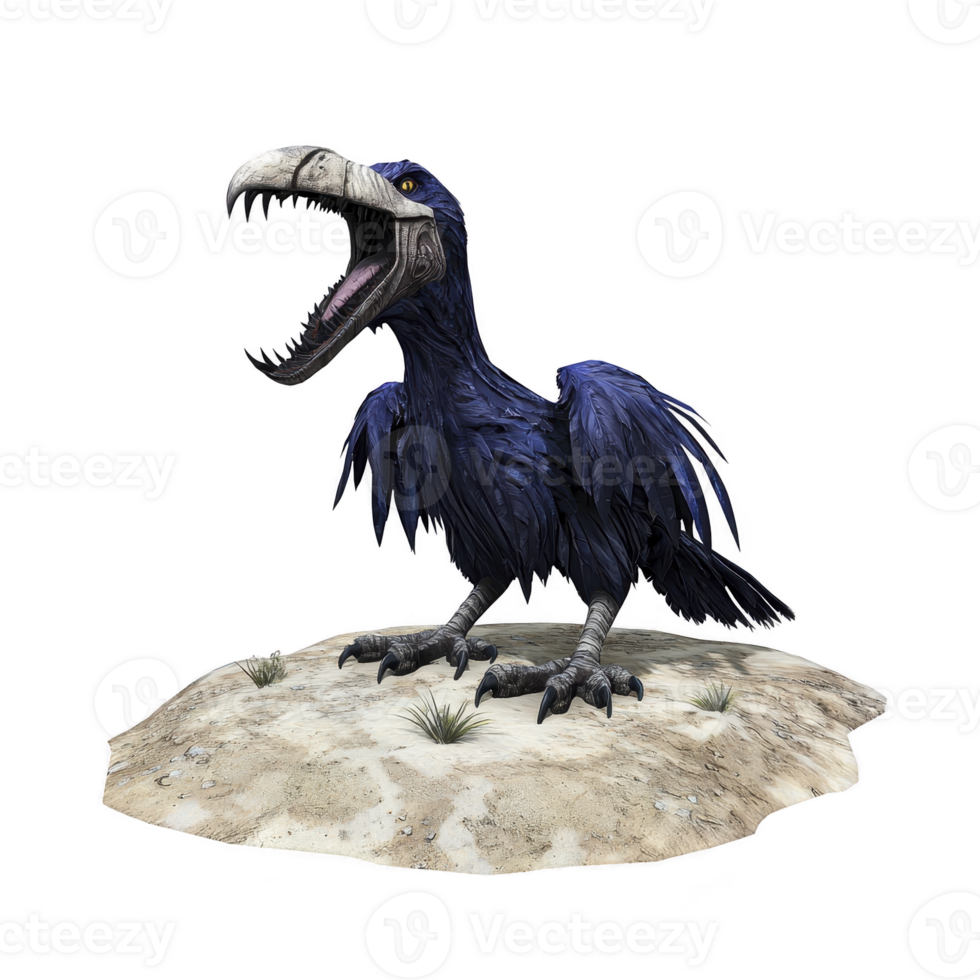 Large, blue, prehistoric bird with open beak stands on rocky surface, displaying its sharp claws and vibrant feathers. bird fierce expression adds sense of ancient majesty to scene png