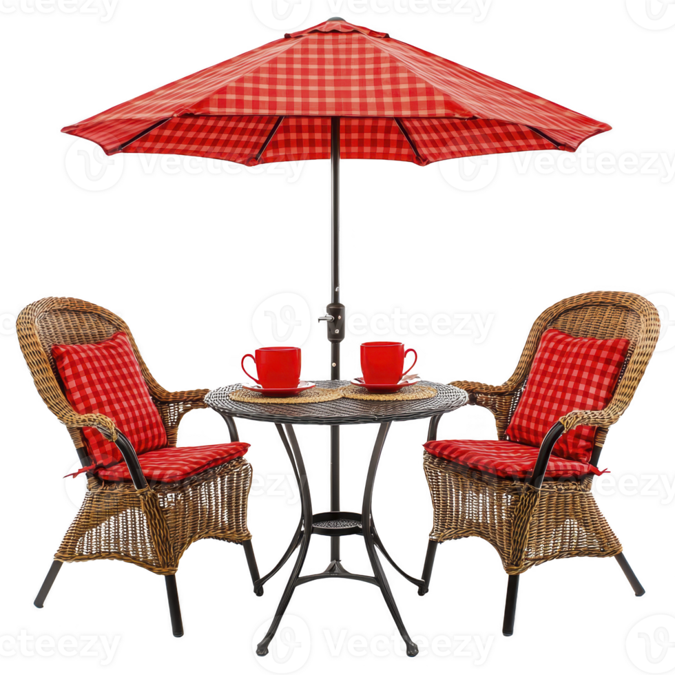 Charming outdoor patio set features two wicker chairs with red checkered cushions and matching umbrella, creating cozy and inviting atmosphere png