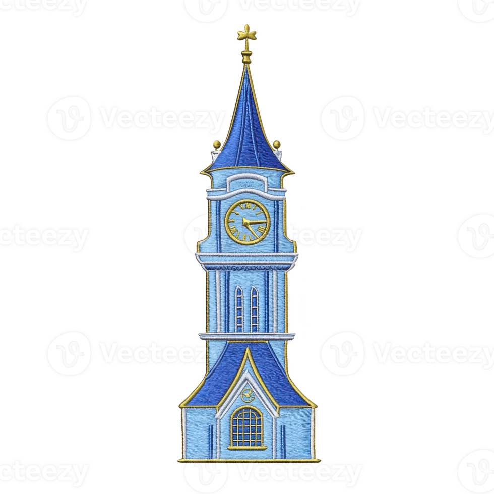 Tall, blue clock tower with pointed roof and gold accents stands prominently, featuring large clock face and arched windows, evoking sense of nostalgia and elegance png