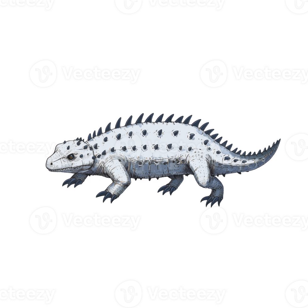 Detailed illustration of spiky, armored lizard with white and blue color scheme, showcasing its unique texture and pattern. creature appears to be blend of fantasy and realism, evoking curiosity png