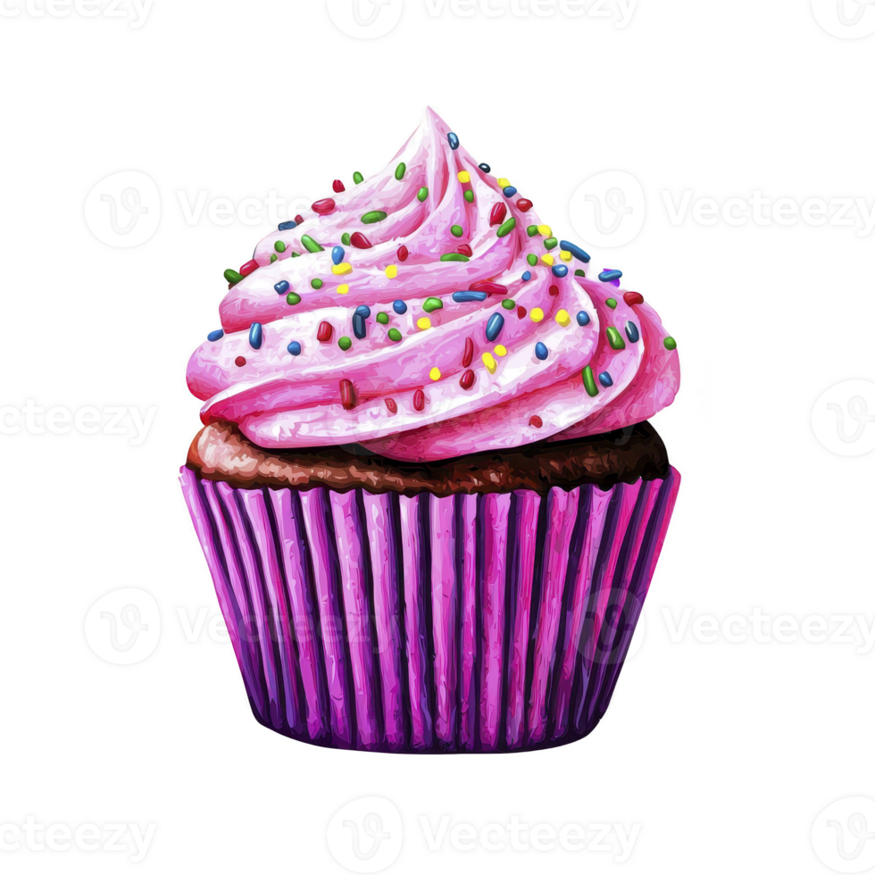 Vibrant cupcake with pink frosting and colorful sprinkles sits in purple wrapper, showcasing delightful and appetizing treat. swirled icing adds playful touch png