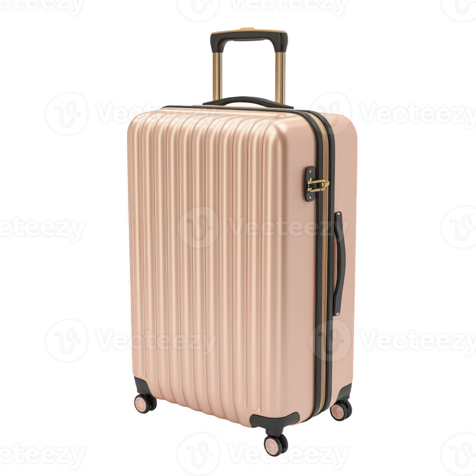 Sleek rose gold suitcase with hard shell design, featuring four wheels and retractable handle, perfect for stylish travel png