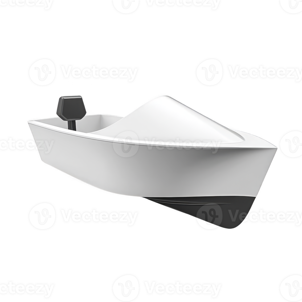 Sleek, modern white motorboat with minimalist design and black motor, floating on transparent background. boat streamlined shape suggests speed and efficiency png